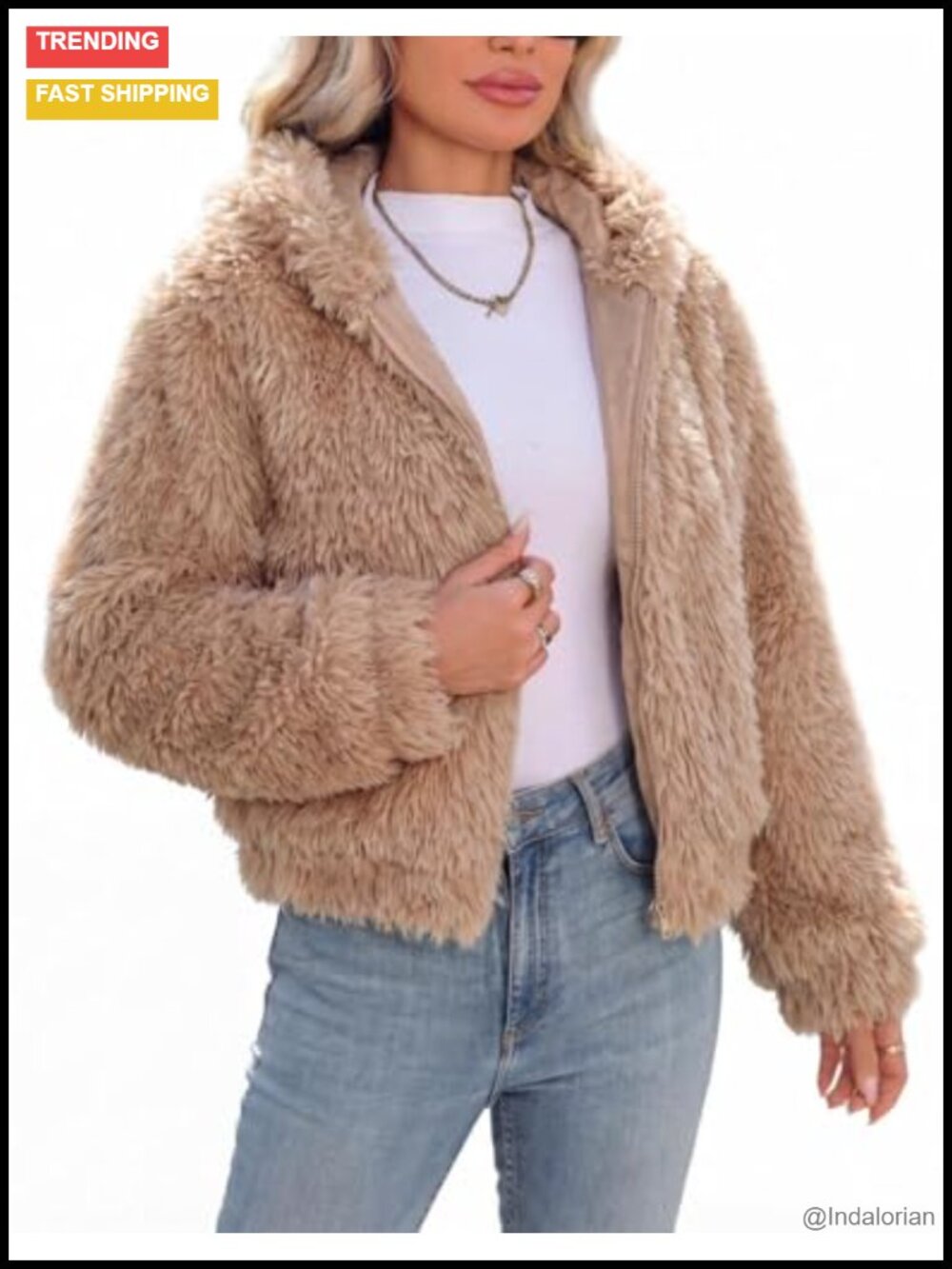 Faux Fur Cropped Coat Full Zip Fleece Jacket with Hood
